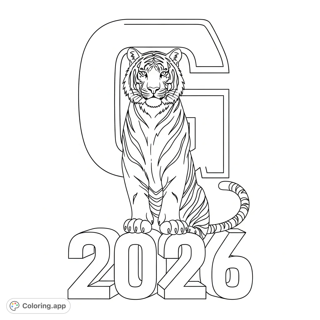 Celebrate academic achievement with this free printable 2026 graduation coloring page. A proud tiger mascot sits on '2026' with a prominent 'G' in the background.