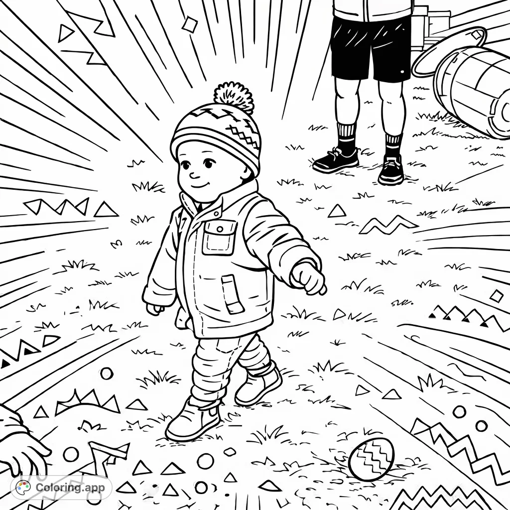 A charming coloring page featuring a bundled-up toddler exploring outdoors. This cartoony design captures childhood wonder with bold outlines and geometric patterns.