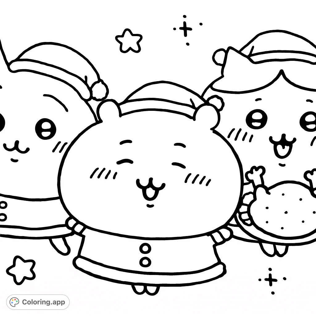 Join three adorable characters in their festive hats and outfits, celebrating the holidays with smiles and a roasted feast. A fun, cute holiday scene.