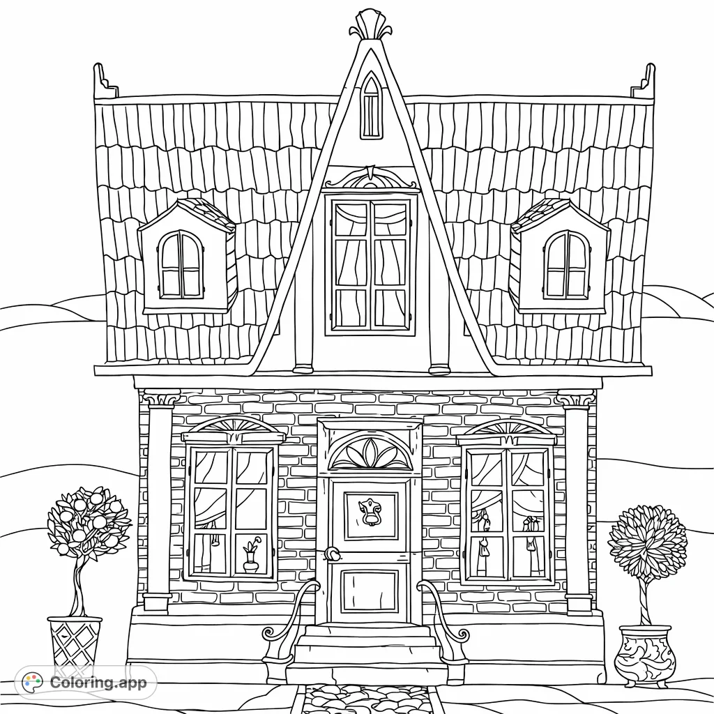 A charming, detailed house with intricate architectural elements, decorative potted plants, and a welcoming feel, perfect for a relaxing coloring experience.