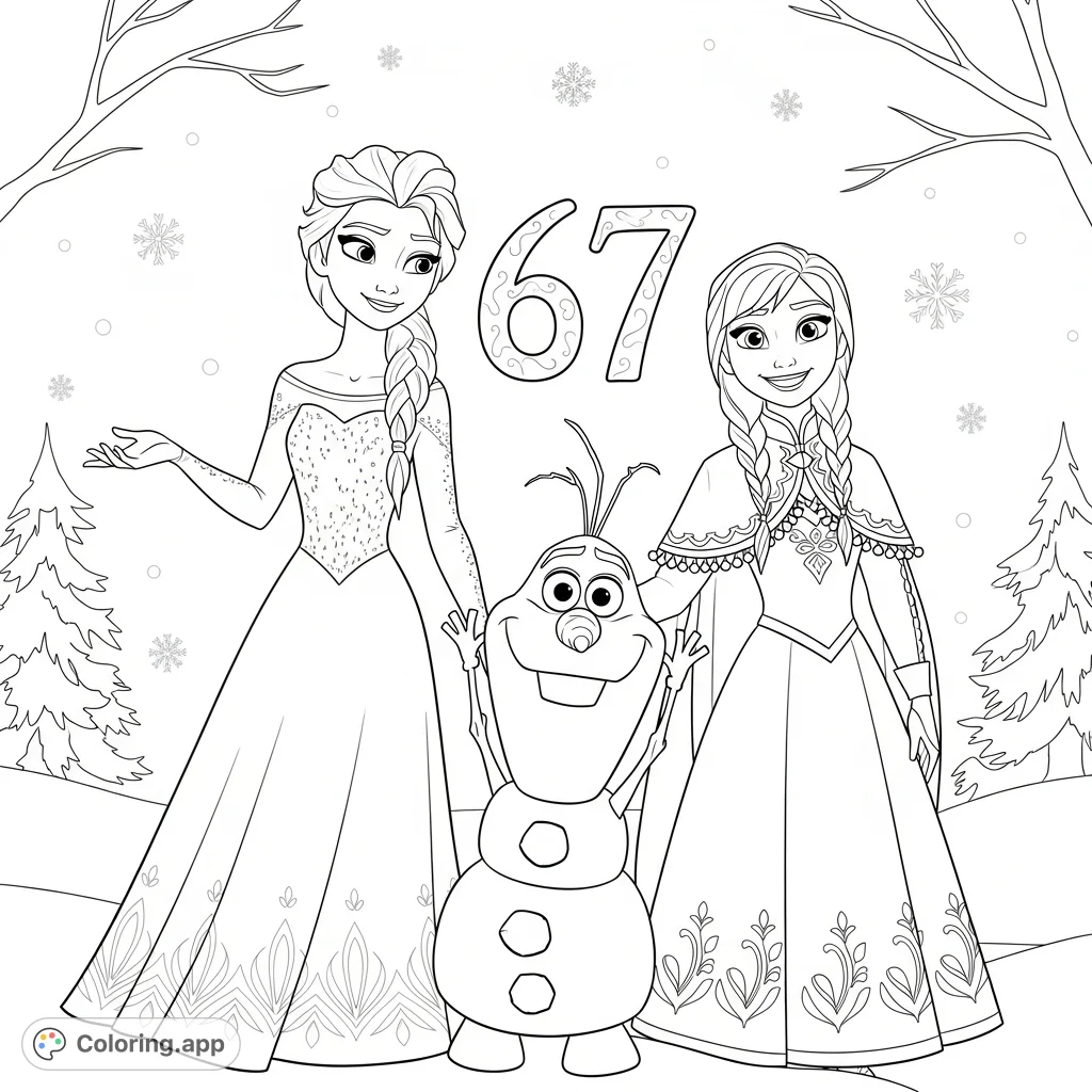 Join Elsa, Anna, and Olaf in a heartwarming snowy scene, featuring the number 67. A magical Frozen coloring page for endless creative fun and learning.