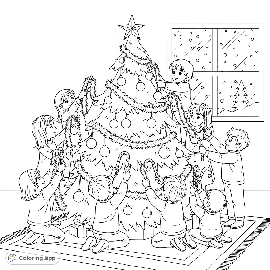 Experience the magic of the holidays with kids adorning a festive Christmas tree. Bulbs, tinsel, and candy canes bring cheer in this delightful coloring page.