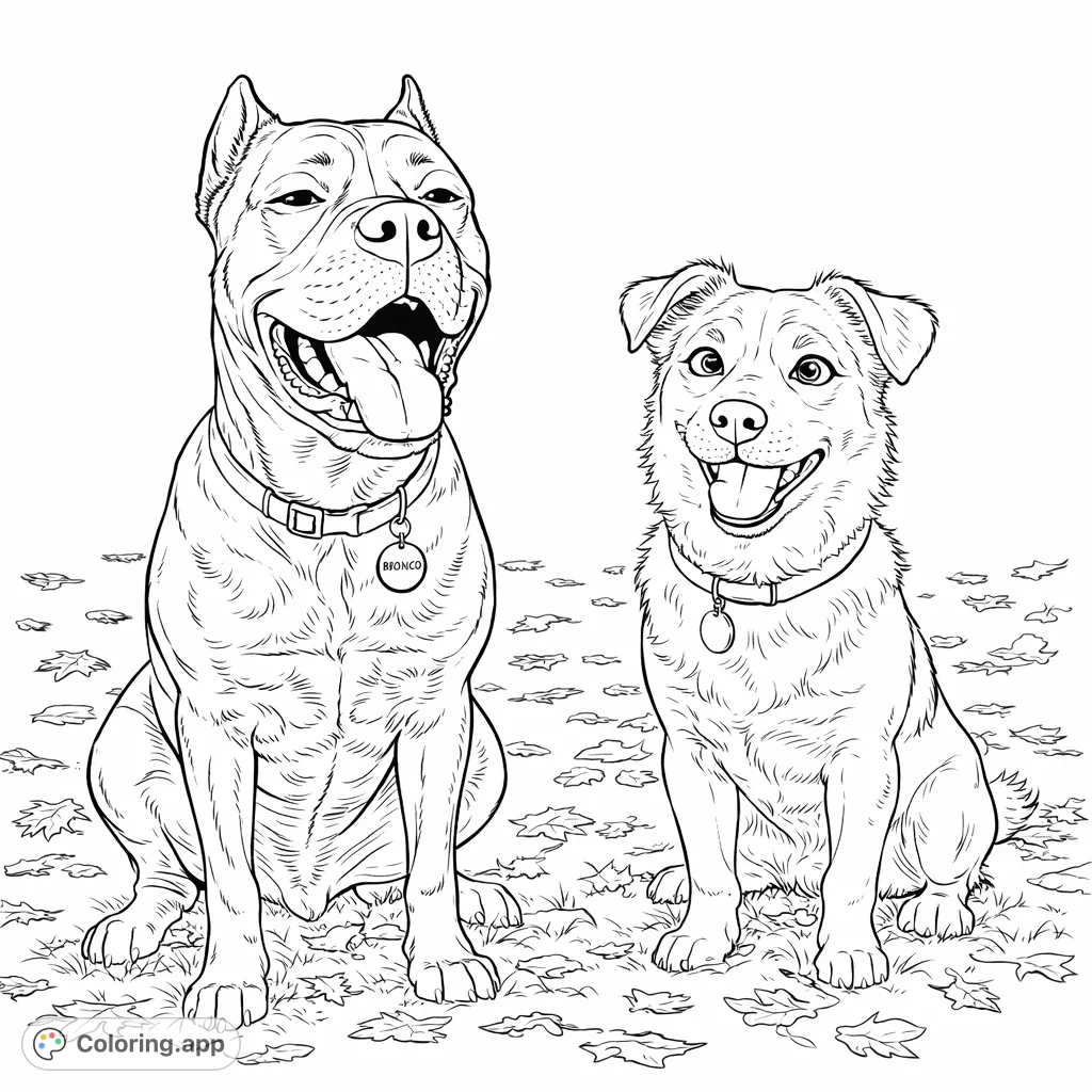 Capture the heartwarming bond of two playful dogs sitting happily amidst scattered autumn leaves. A delightful dog friends coloring page for all ages.