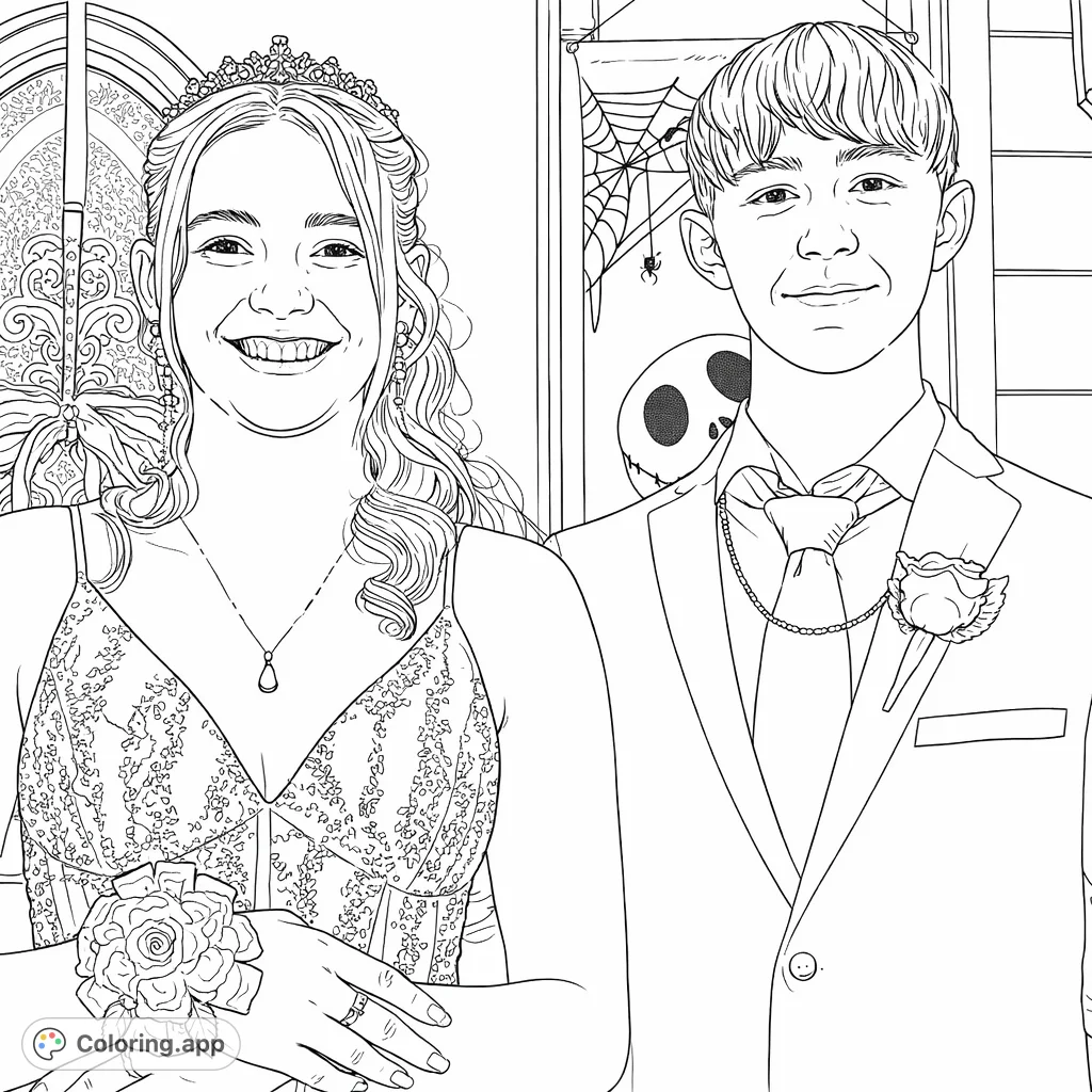 Celebrate a special evening with this charming couple in formal attire. Features detailed outfits, elegant accessories, and a festive background.