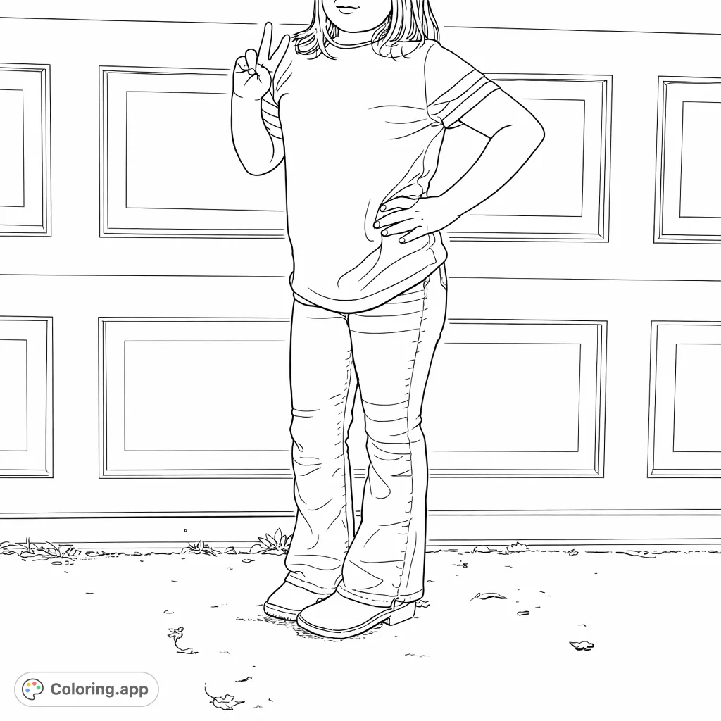 A cheerful child in flared jeans and a t-shirt makes a peace sign. This casual scene offers a fun, relatable coloring experience.