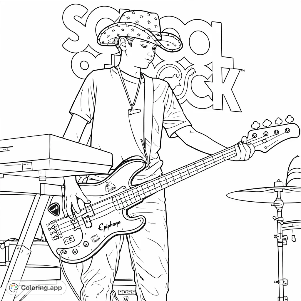 Capture the energy of a live rock performance with this free printable bassist coloring page. A young musician on stage with their guitar!