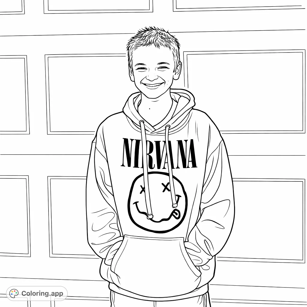 A cheerful youth in a casual hoodie featuring bold text and a distinct smiley face emblem, standing against a paneled background. Fun and trendy.