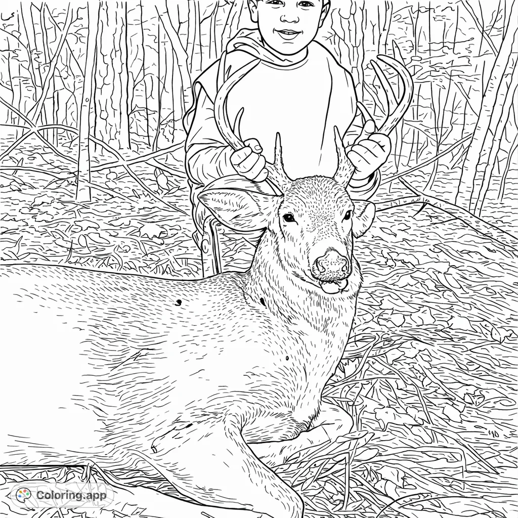 A young hunter proudly poses with a deer in a dense forest, showcasing an outdoor adventure. Perfect for adults who appreciate nature and hunting themes.