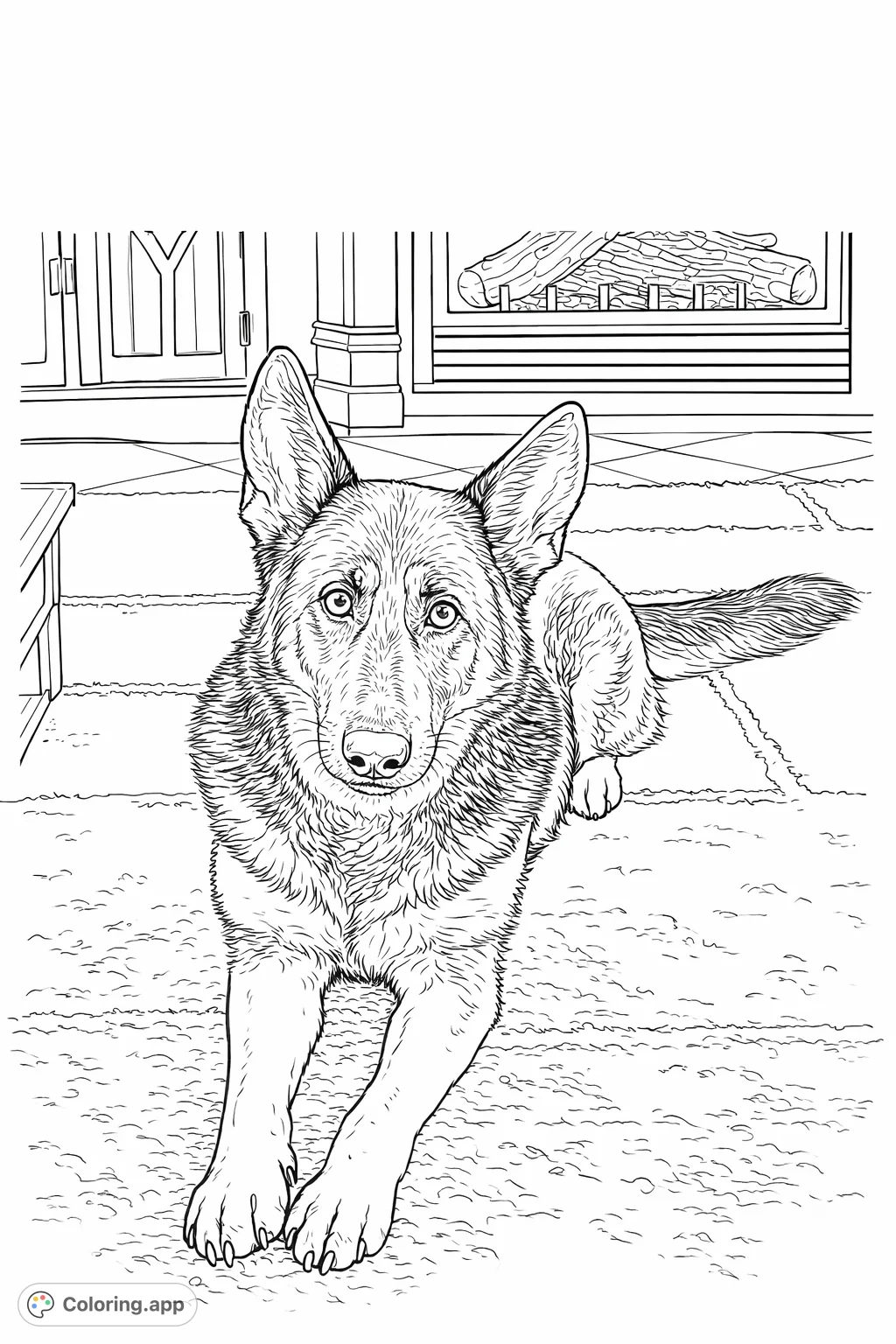 Bring this handsome German Shepherd to life with your favorite shades! A detailed dog coloring page perfect for animal lovers of all ages.