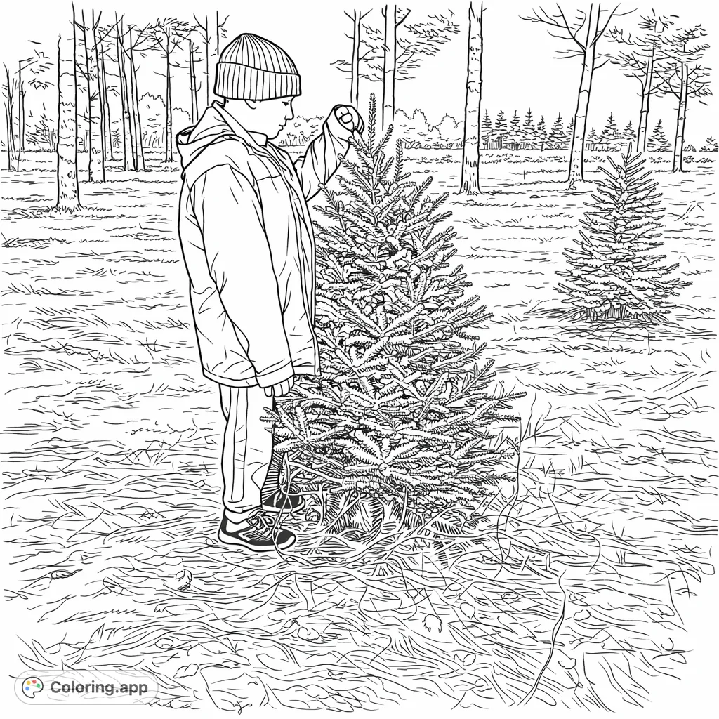 A child selects a beautiful evergreen tree in a peaceful forest setting, ready for personalization. Explore nature and seasonal joy.