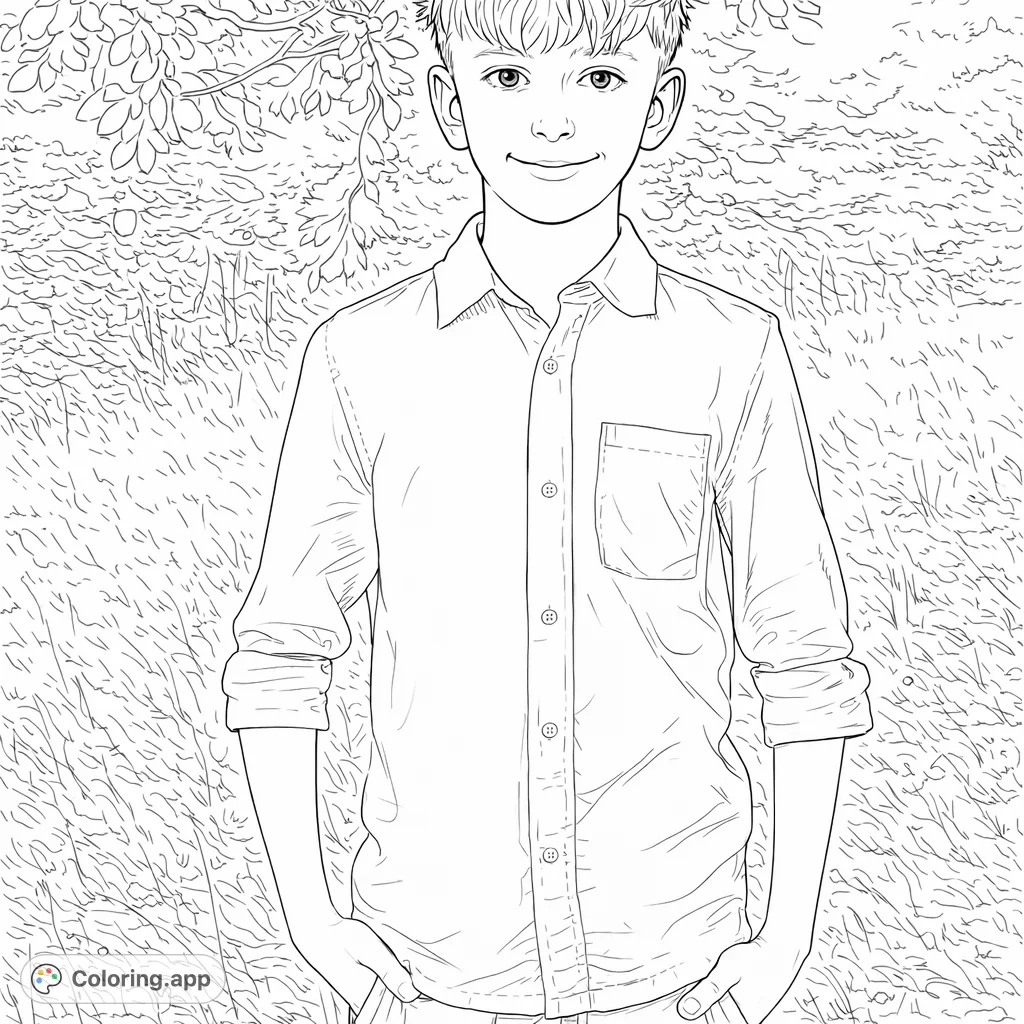 A charming young boy stands smiling with his hands in his pockets, set against a serene outdoor backdrop of foliage and grass, ready for creative expression.