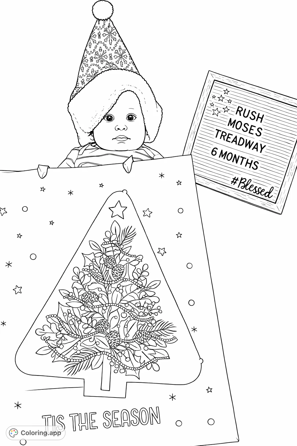 Capture the joy of a baby's first season with this endearing coloring page, featuring a sweet infant in a patterned hat, a decorated gift bag, and a special message.