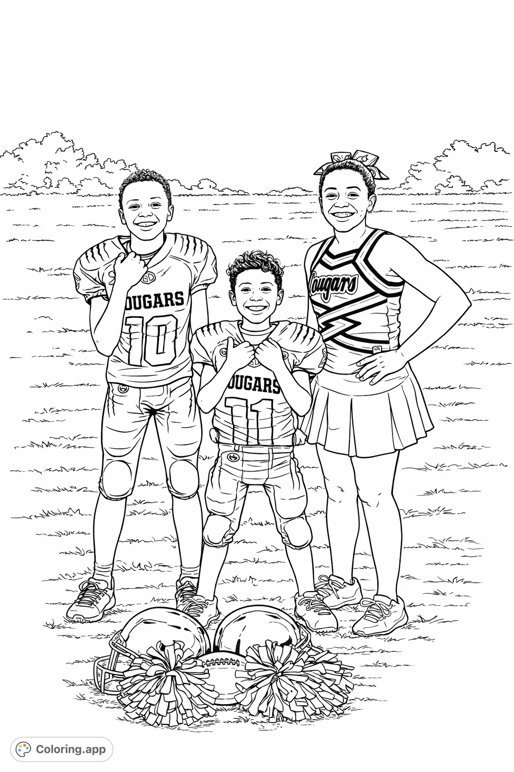 Three proud young athletes in football and cheerleading uniforms pose with their gear on a grassy field, celebrating team spirit.