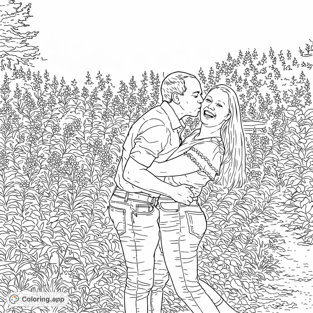 Capture a loving moment in a field of blossoms. This detailed coloring page features a couple sharing a tender embrace amidst lush floral scenery.