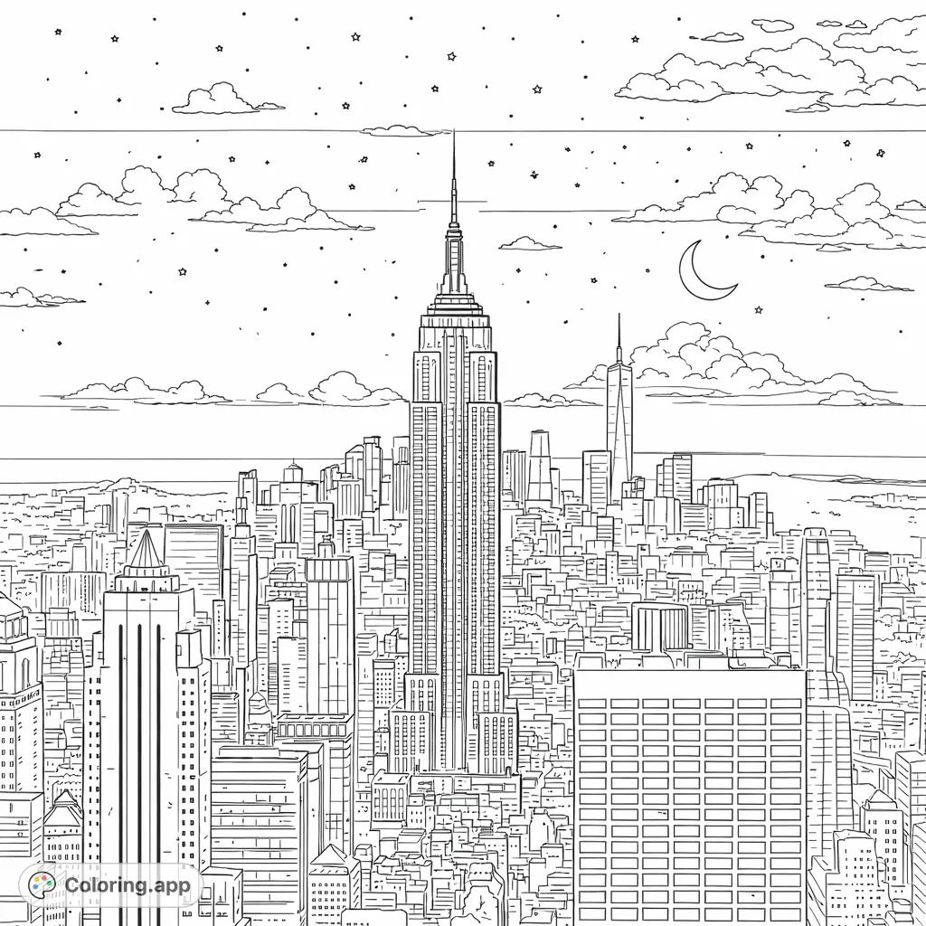 Explore an intricate urban cityscape at twilight, featuring towering skyscrapers with countless windows, a starry sky, and a distant horizon.