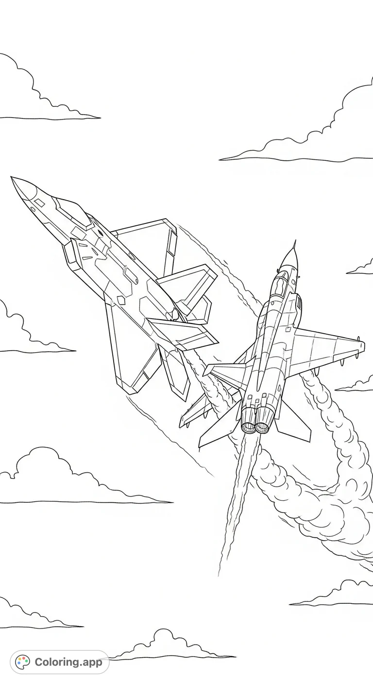 Experience the intense action of a fighter jet dogfight. An F-22 Raptor and a MiG jet engage in thrilling aerial combat, perfect for aviation enthusiasts.