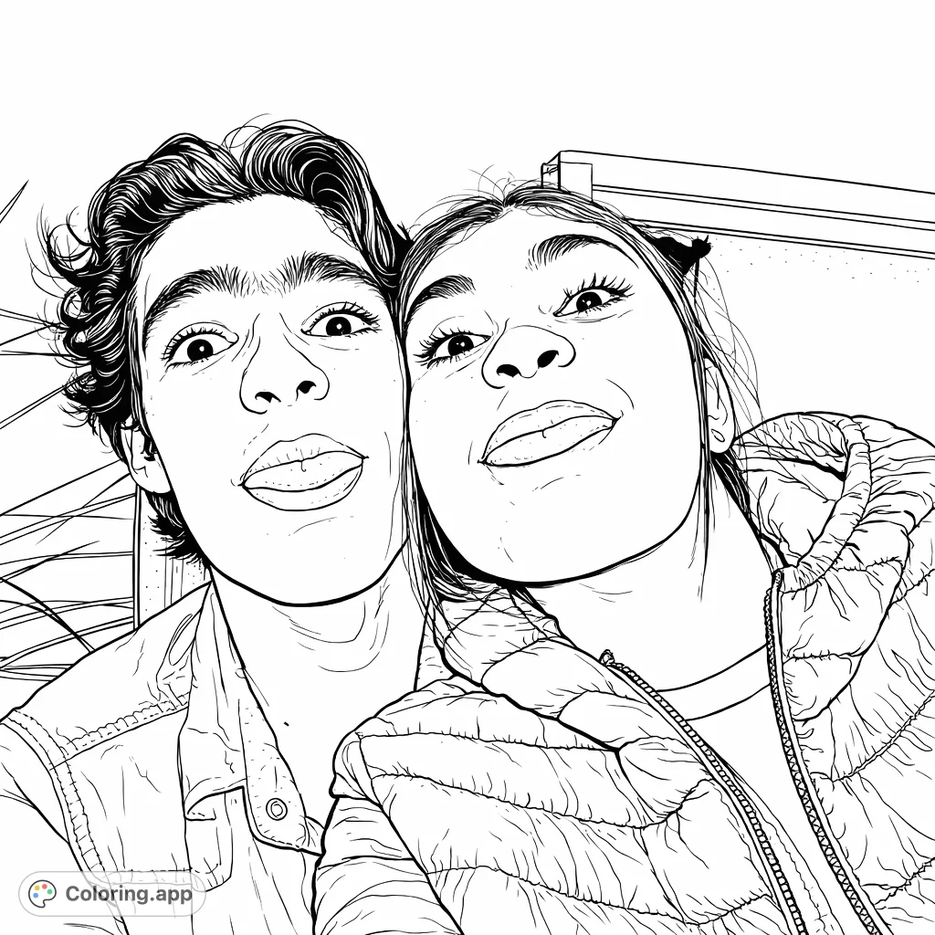 A fun-filled coloring page featuring two individuals making playful, goofy faces. Perfect for adding vibrant expressions and enjoying lighthearted creativity.