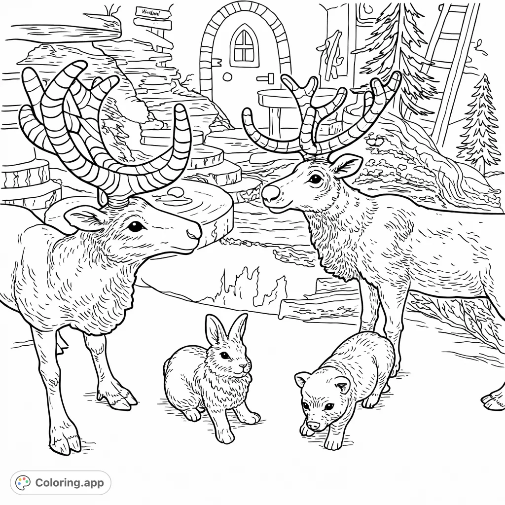 A charming festive scene with two deer, a rabbit, and a piglet amidst winter village elements, featuring distinctive antlers. Perfect for holiday coloring fun.