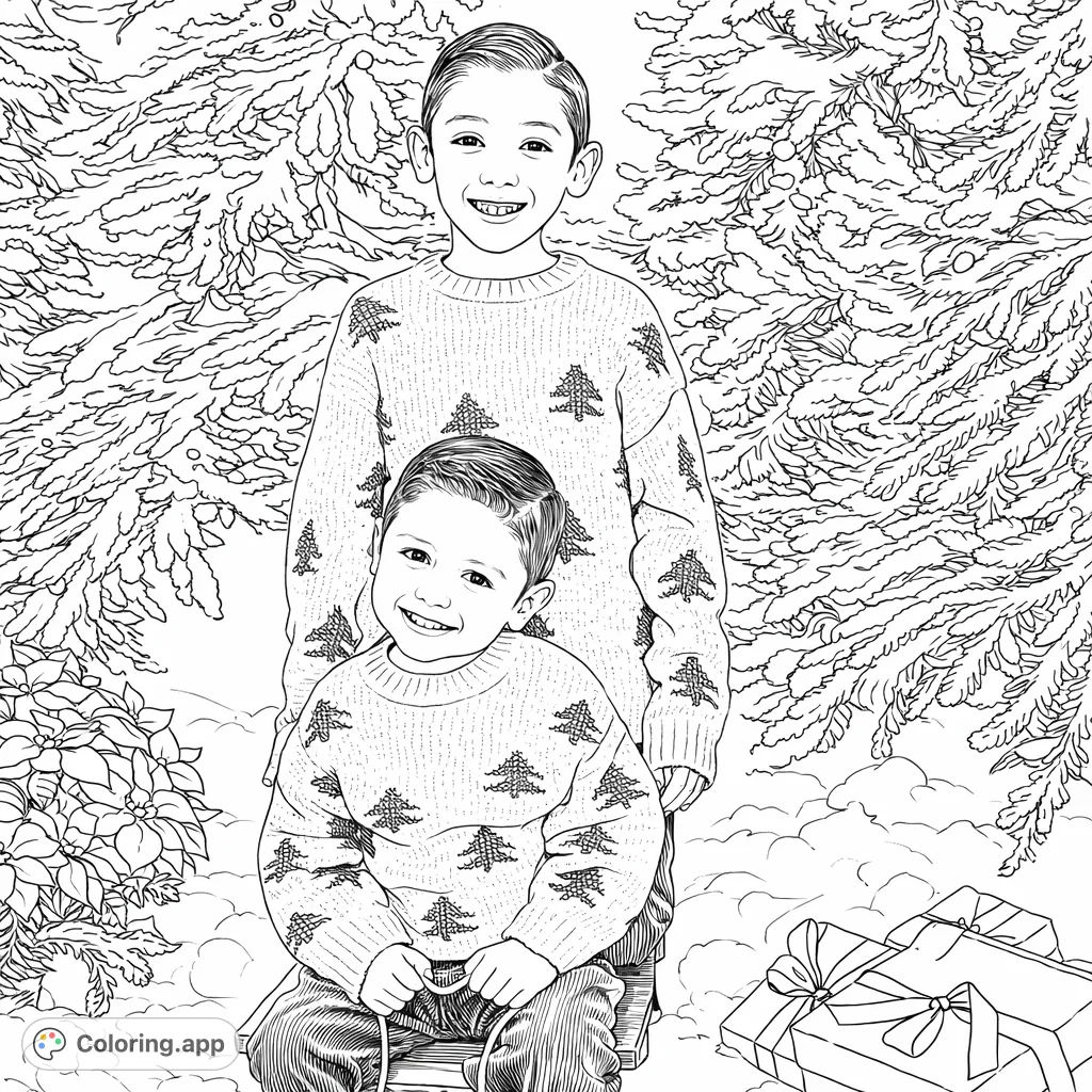 Capture the joy of two brothers amidst a charming winter wonderland. This festive scene features decorative trees, gift boxes, and a special plant, perfect for holiday coloring.