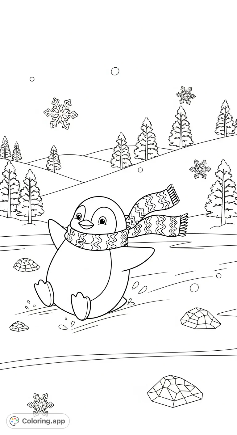 A cute penguin in a scarf slides joyfully on a frozen pond, surrounded by falling snowflakes. A delightful winter scene for all ages.