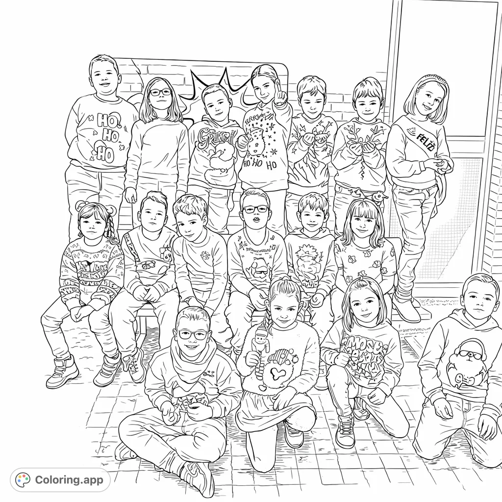 A delightful group portrait of happy children in festive attire, perfect for a fun and engaging coloring session. Features unique outfits and a playful background.