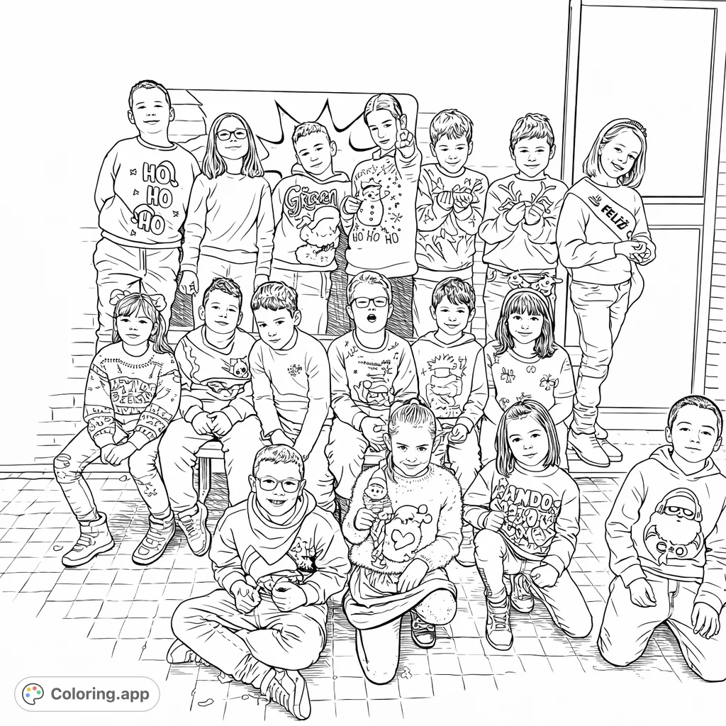 A heartwarming group portrait of fourteen children in festive sweaters, celebrating together. Perfect for adding your unique artistic touch!