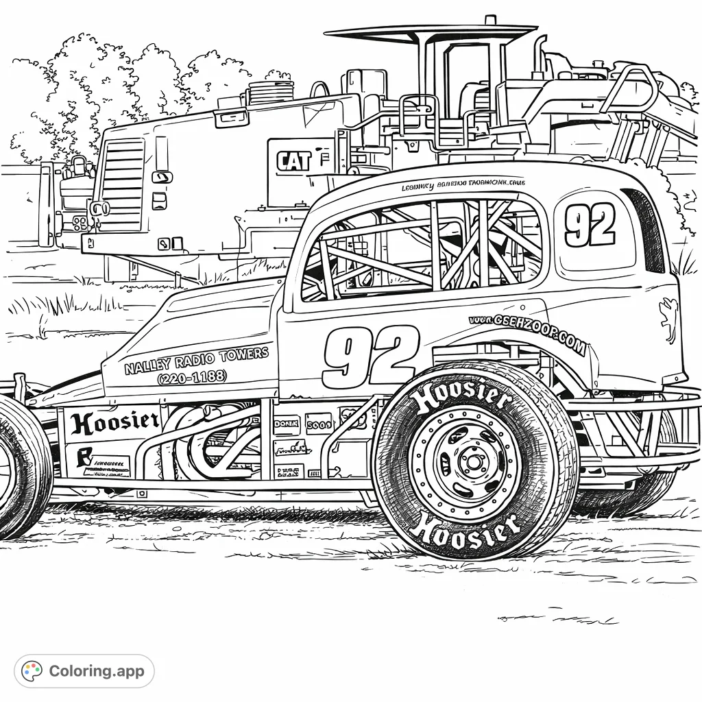 Unleash your creativity on this detailed race car coloring page. Features a classic number 92 speedster with heavy machinery in the background.