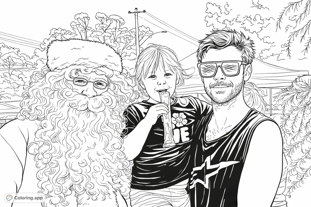 A heartwarming scene featuring a festive character with a long beard, a child enjoying a treat, and a man in sunglasses, set against an outdoor backdrop.