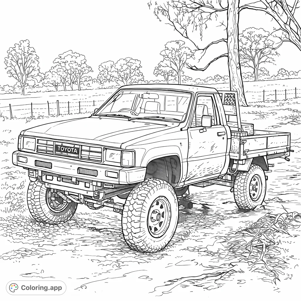Color a powerful off-road pickup truck covered in mud, ready for adventure on a challenging rural track under a cloudy sky. Perfect for vehicle enthusiasts!