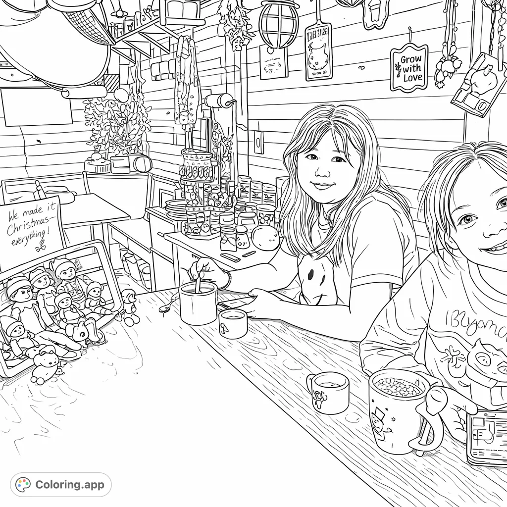 Two children enjoy warm drinks at a rustic counter, surrounded by playful elf dolls and charming decor, ready for your creative touch.