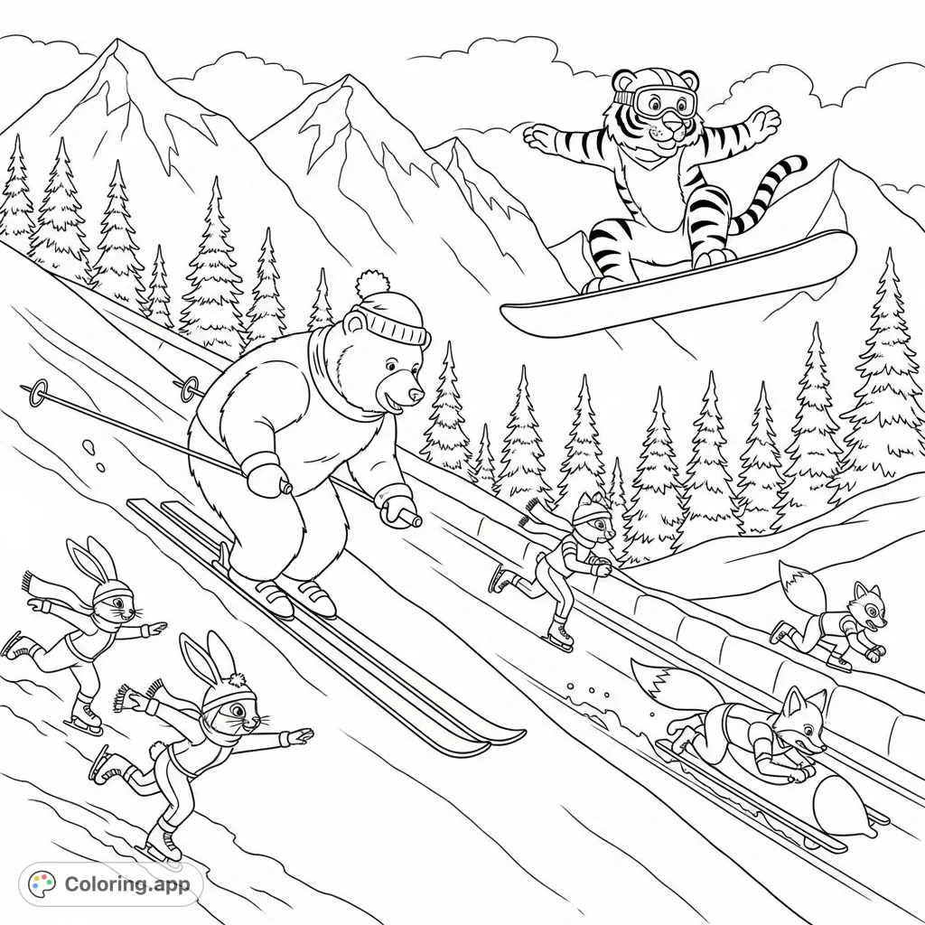 Experience the thrill of the Winter Olympics with a delightful coloring page featuring bears, tigers, and other animals competing in exciting snowy sports!