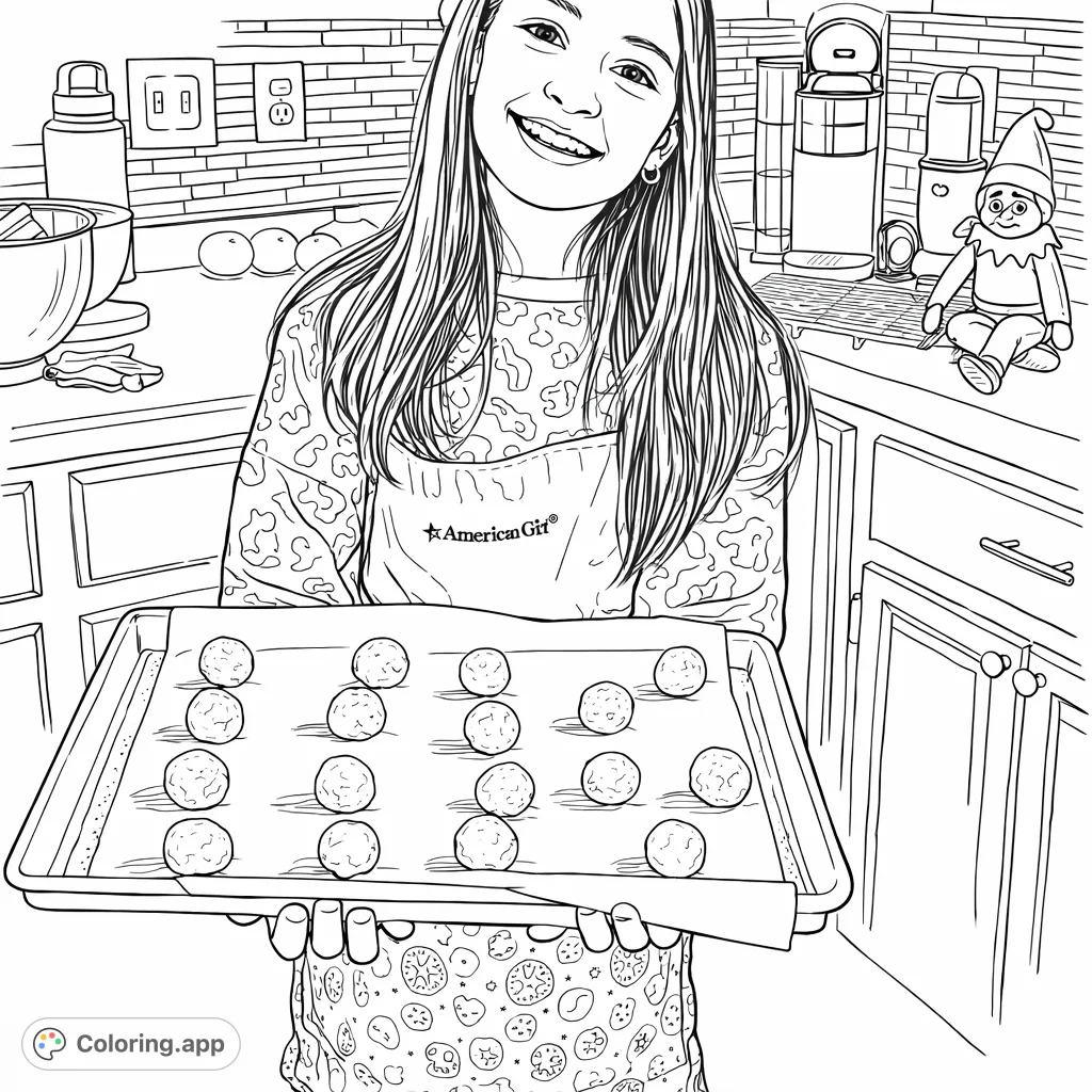 A cheerful girl holds a tray of unbaked cookies in a detailed kitchen scene, perfect for young bakers. Bring this delightful moment to life with your favorite shades!