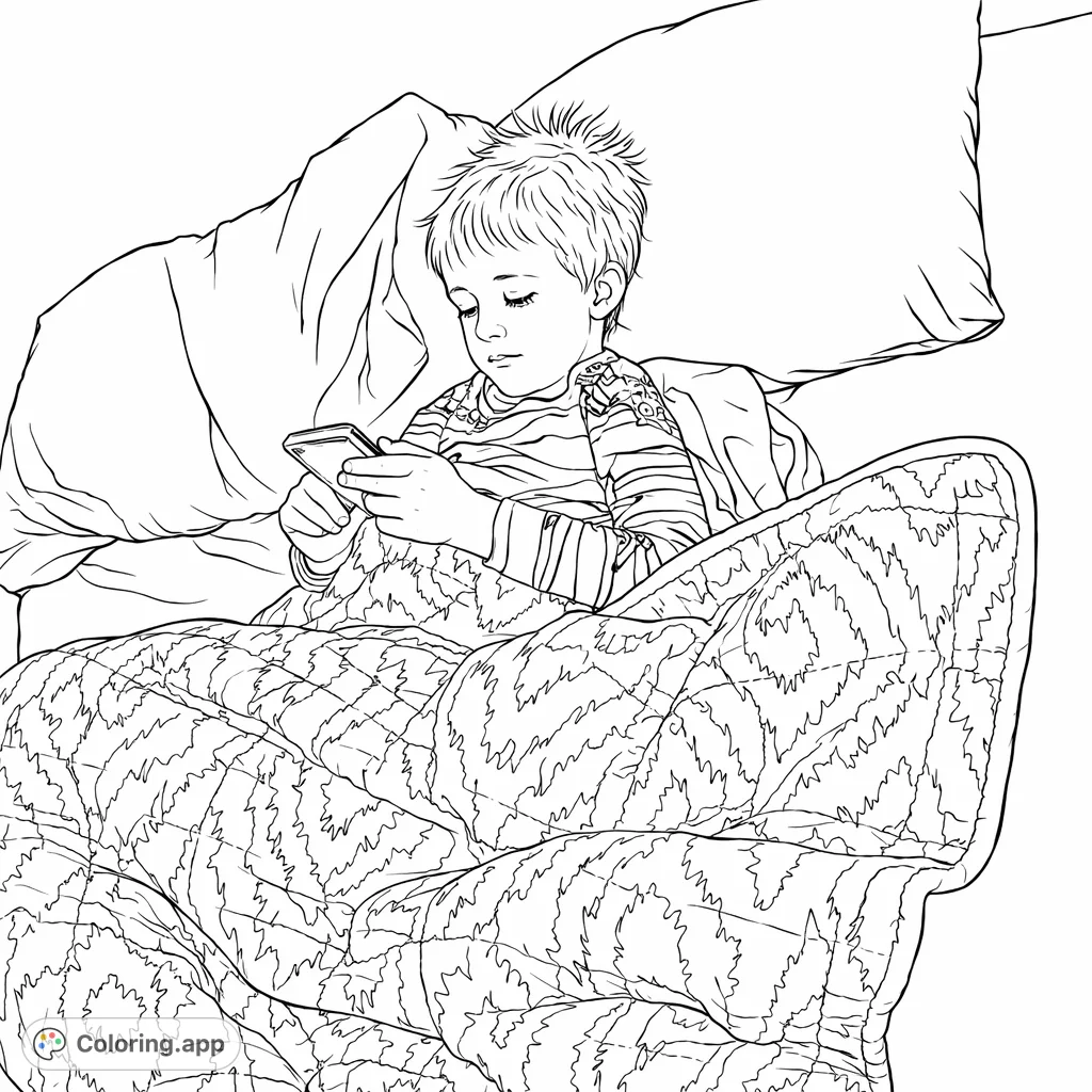 A comforting coloring page featuring a child engrossed in a handheld device under a cozy, patterned blanket. Perfect for a quiet, relaxing activity.