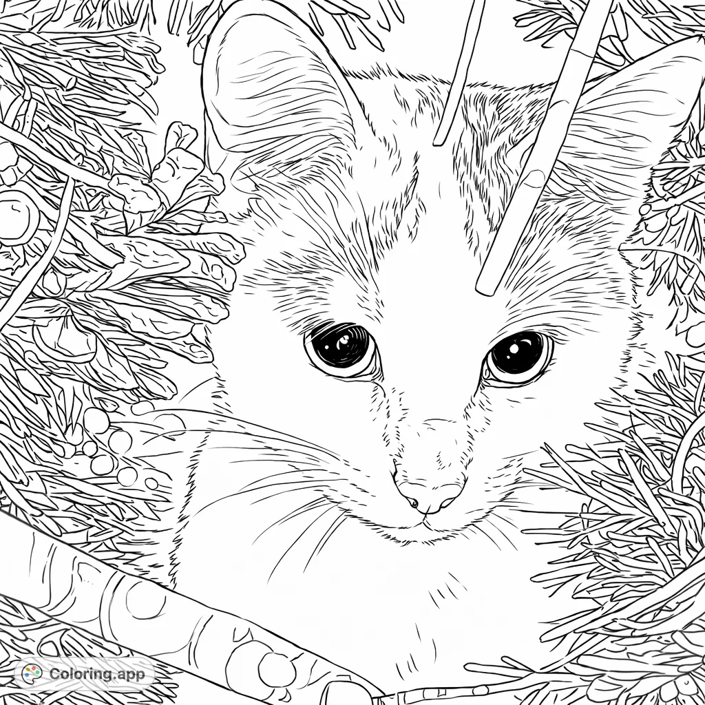 A charming cat peeks through festive foliage and sparkling decorations. This delightful coloring page captures a whimsical, cozy scene, perfect for relaxation and creative expression.
