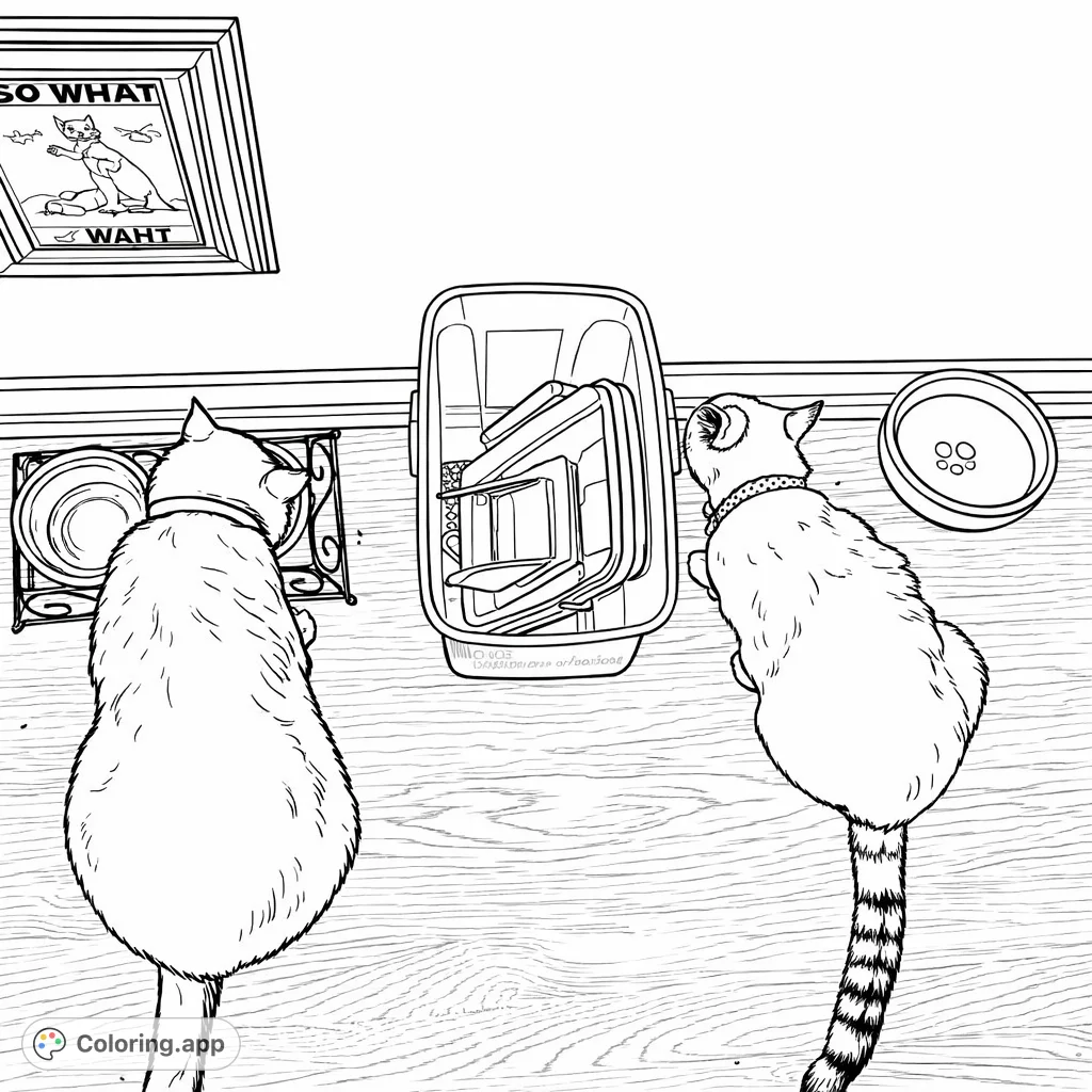 Capture the everyday charm of two cats at their feeding station. This detailed feline coloring page features distinct cats, bowls, and household items.
