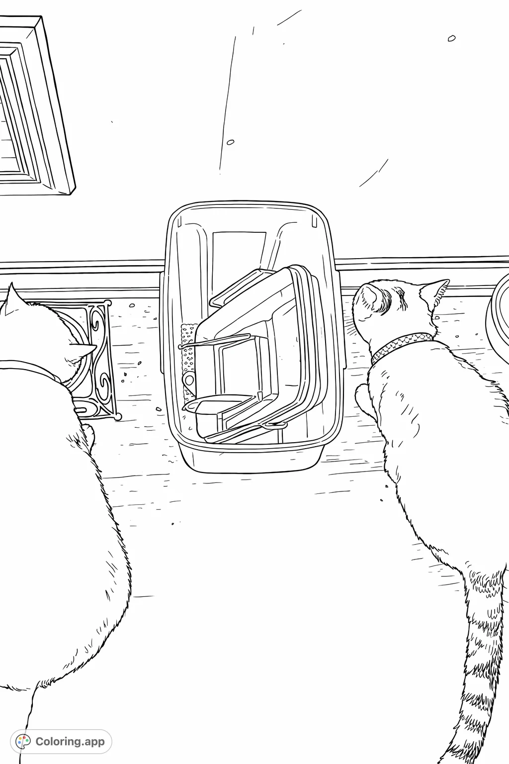 Capture a charming mealtime scene with two felines. One enjoys a meal, while the other rests near a food container, offering engaging details for coloring.