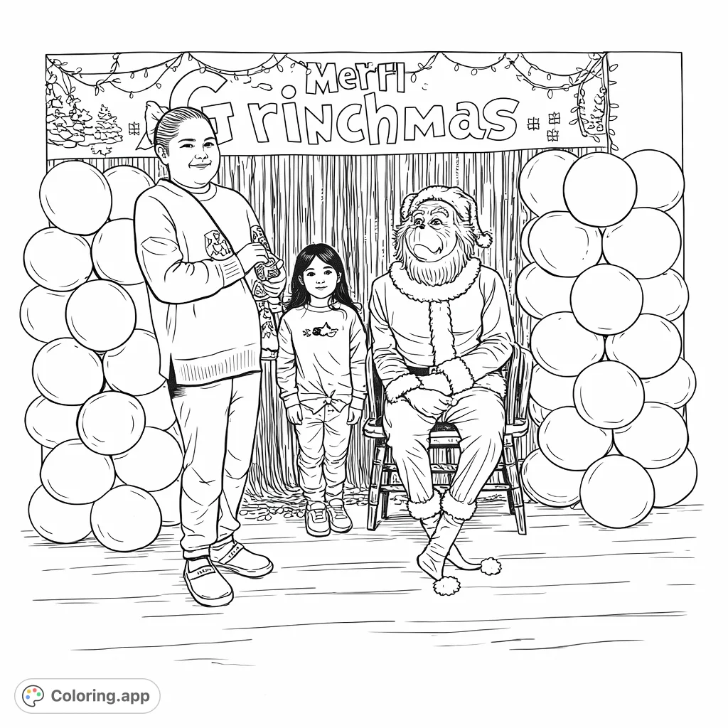 Bring a holiday celebration to life with this fun coloring page featuring two girls and a beloved, mischievous character in a festive costume surrounded by balloons and decor.
