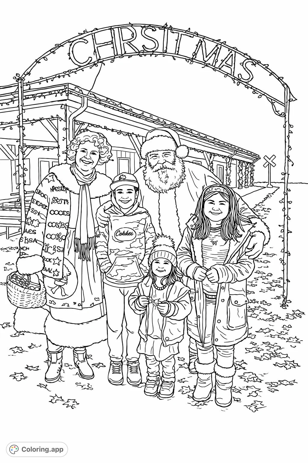 A joyous festive gathering featuring Santa Claus, Mrs. Claus, and three excited children, surrounded by sparkling holiday decorations.