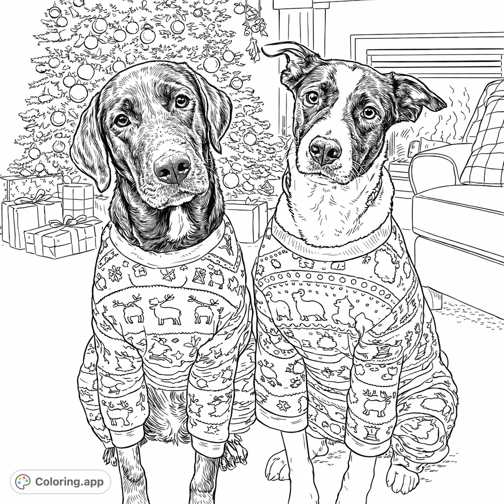 Two adorable dogs in festive pajamas sit by a decorated tree and fireplace, ready for holiday coloring fun. A heartwarming scene with cute patterns.