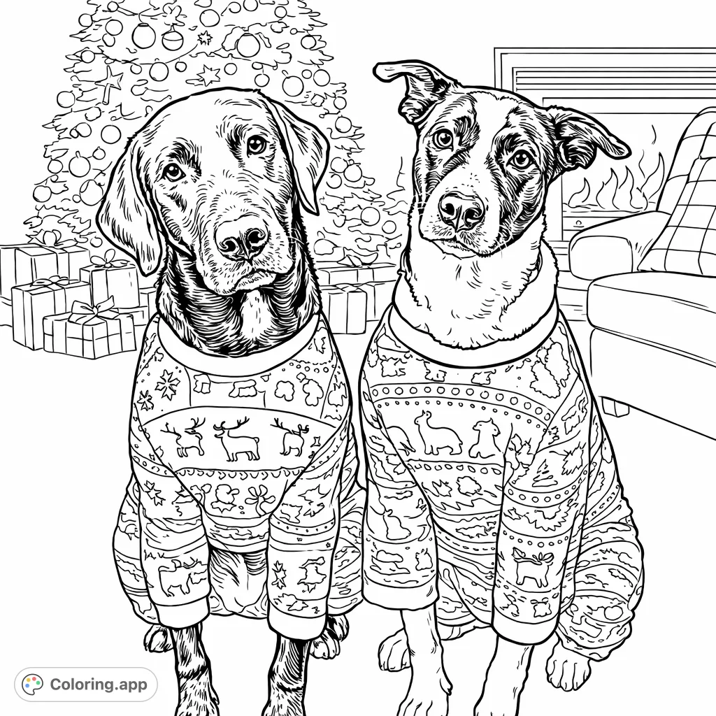 Two charming dogs in festive pajamas sit before a decorated tree and cozy fireplace, perfect for a joyful holiday coloring page.