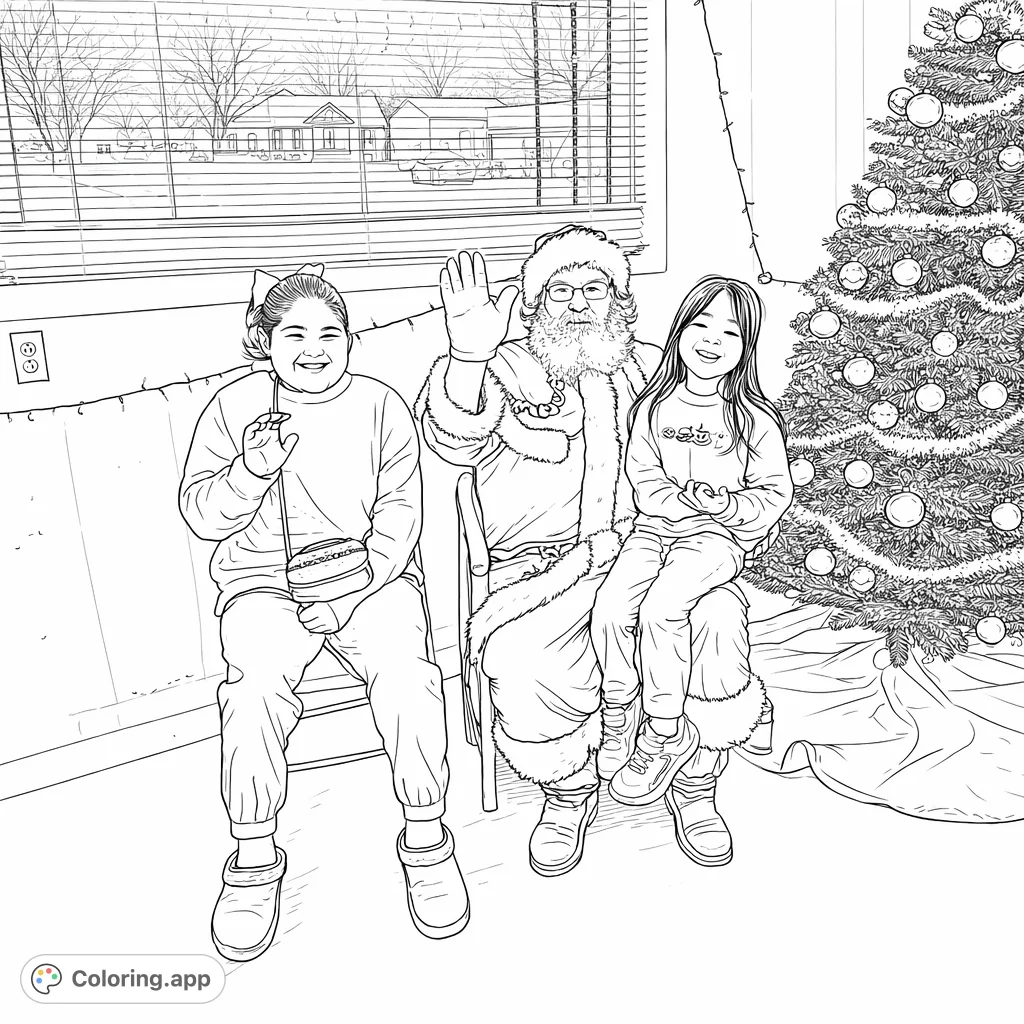 Join Santa and two cheerful children for a heartwarming holiday moment by a decorated tree. A delightful Christmas coloring page for festive fun!