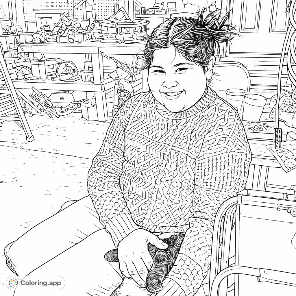 A happy child smiles while gently petting a small animal on their lap, set against a backdrop of a busy workshop. A heartwarming scene to color.