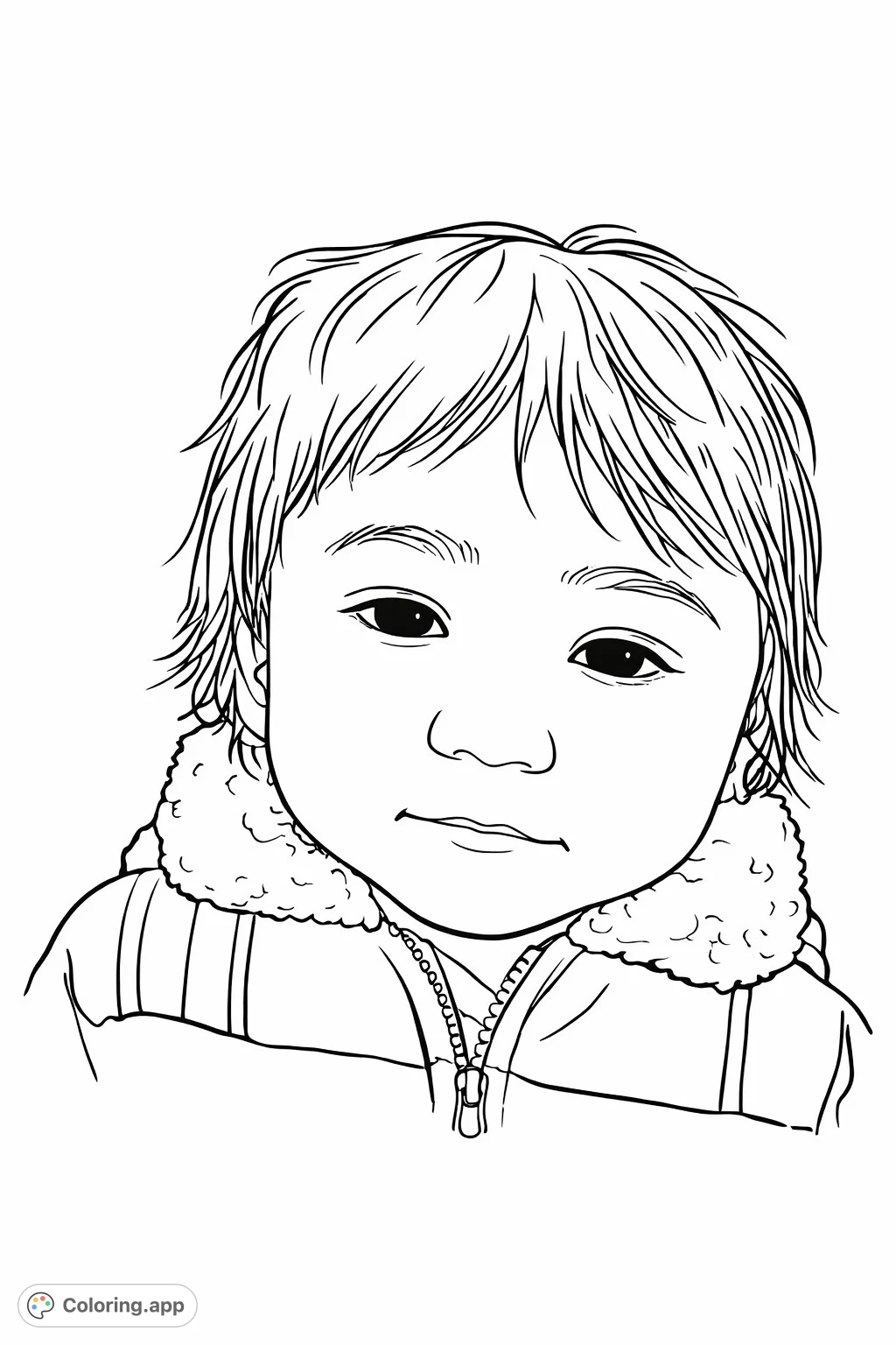 Capture the innocence of childhood with this adorable coloring page featuring a young child with expressive eyes and a textured jacket. Perfect for all ages.