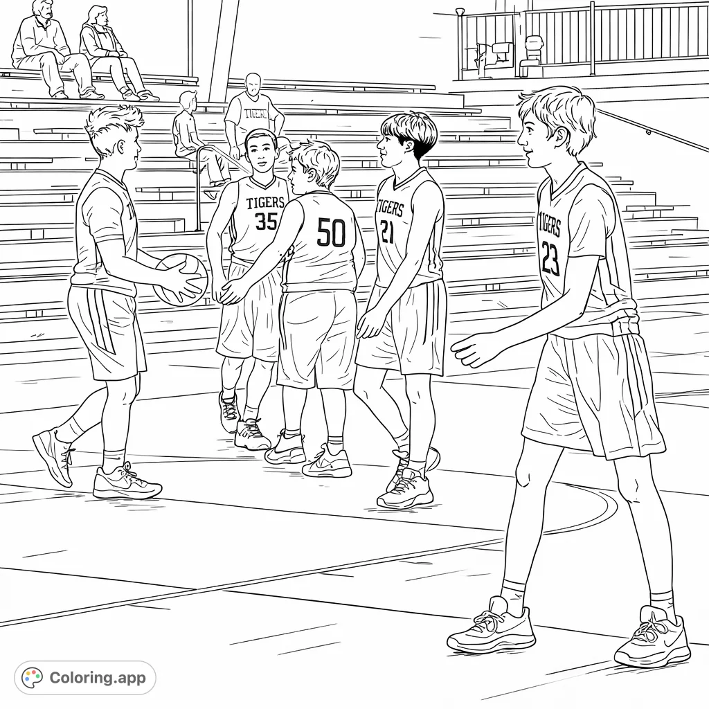 Capture the excitement of a basketball game with young players on the court. Perfect for sports enthusiasts to color and personalize their favorite team's moment.