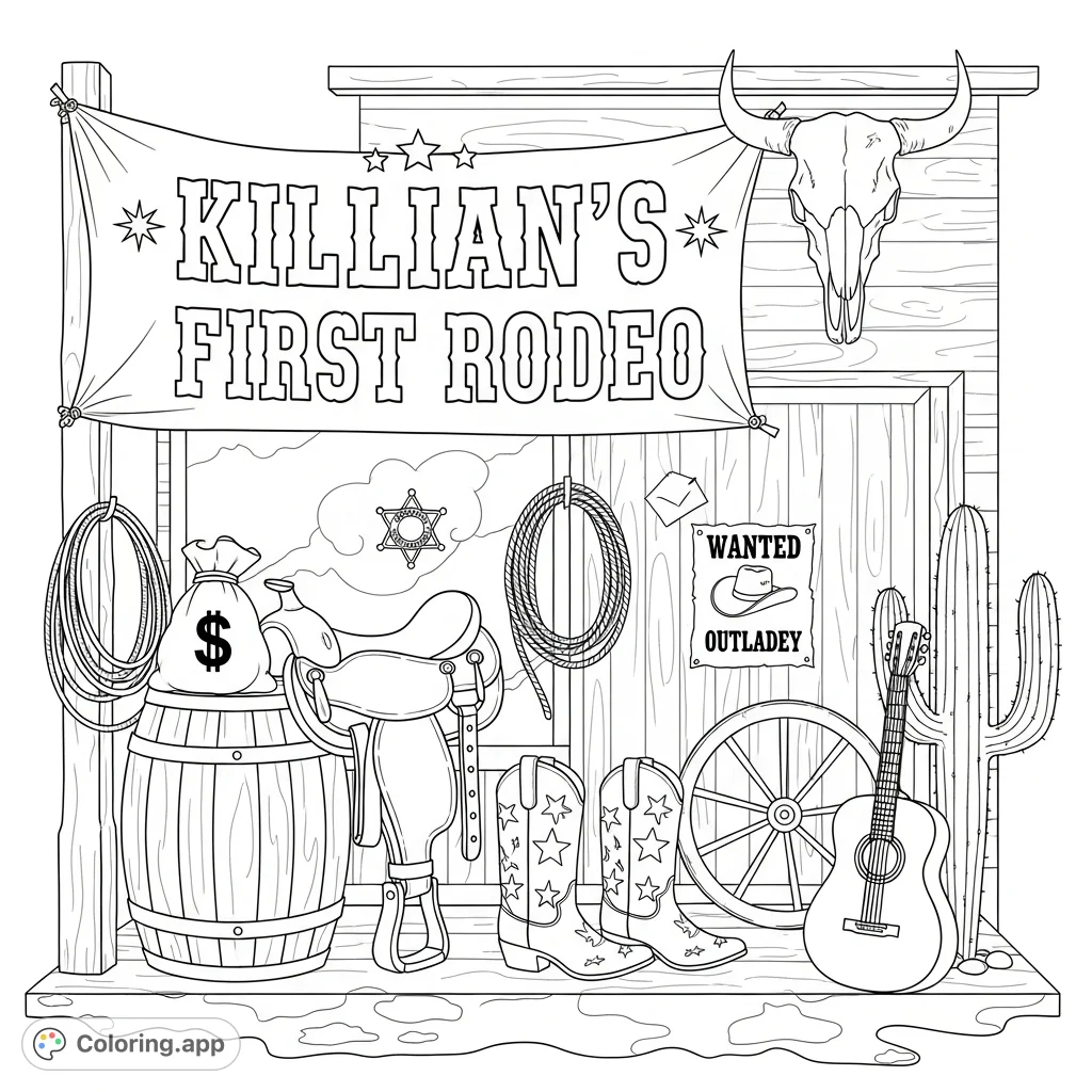 Explore a bustling Western general store facade with a "KILLIAN'S FIRST RODEO" banner, detailed saddle, cowboy gear, and a "WANTED OUTLAW" poster.