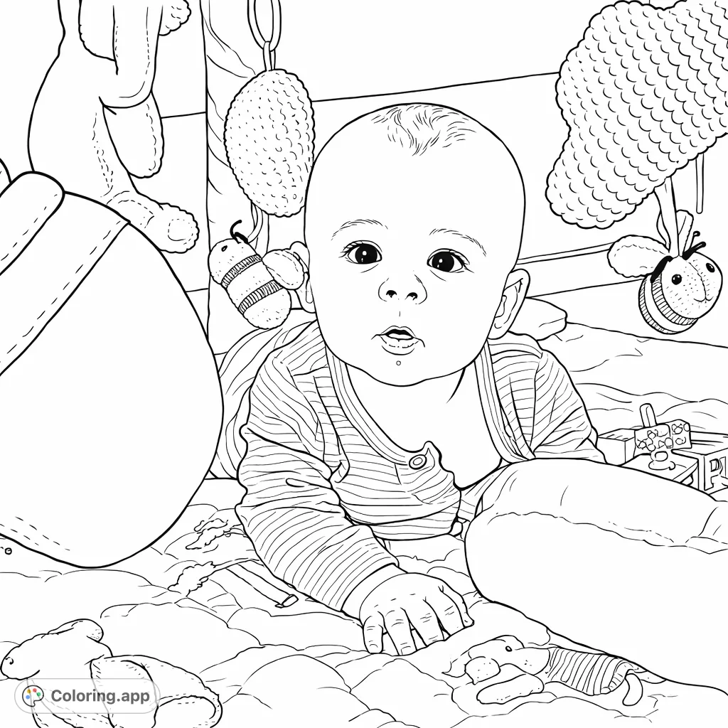 Adorable baby exploring a soft play mat with toys. Features a cute infant, quilted patterns, and dangling plush items for a heartwarming scene.