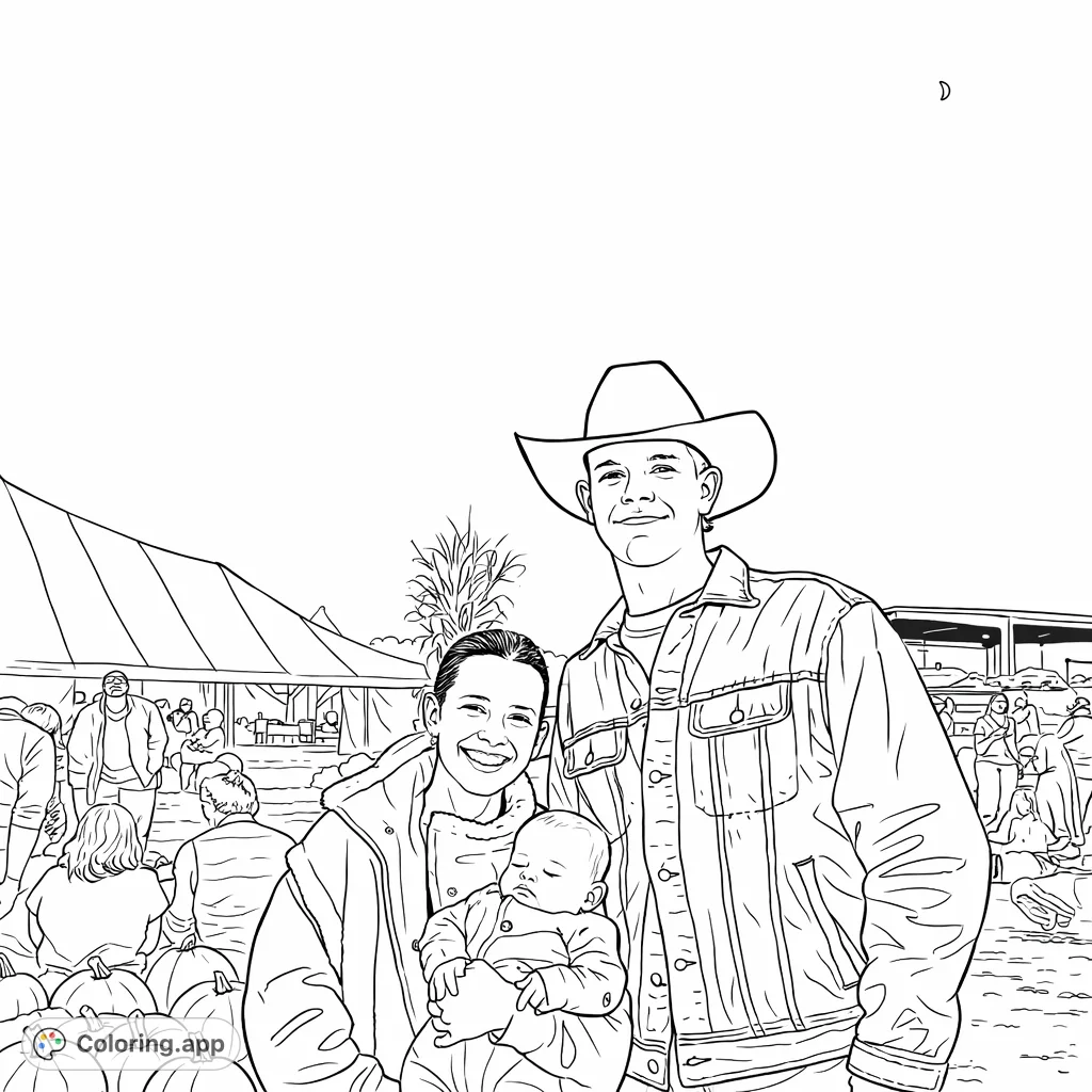 Celebrate autumn with a heartwarming family scene at a pumpkin patch. A smiling couple holds their baby, surrounded by festive gourds and a striped tent.