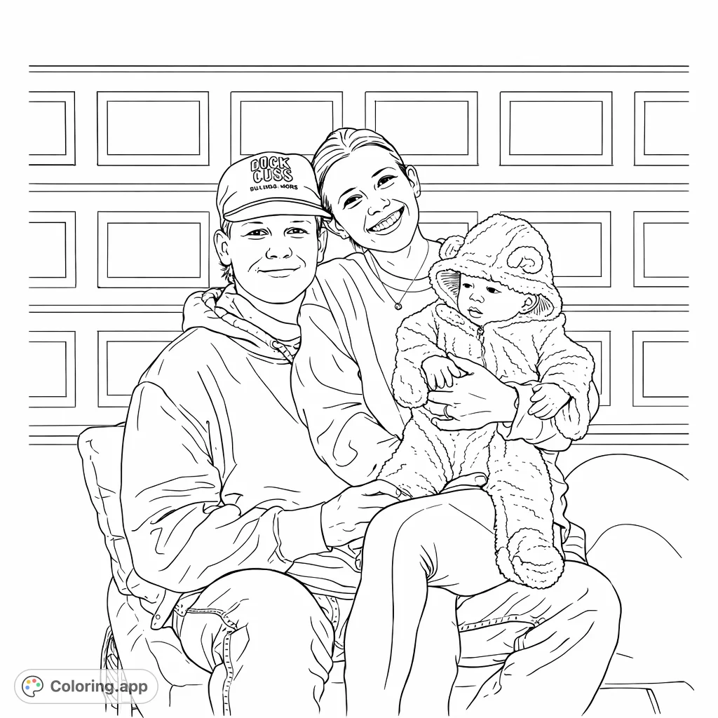 A heartwarming family portrait with parents and their adorable infant in an animal-themed outfit, against a textured background. A perfect family coloring page.
