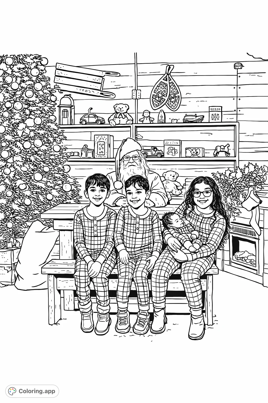 Join Santa and a family of four children in a heartwarming holiday scene! Filled with festive decorations, toys, and cozy pajamas, it's perfect for celebrating.