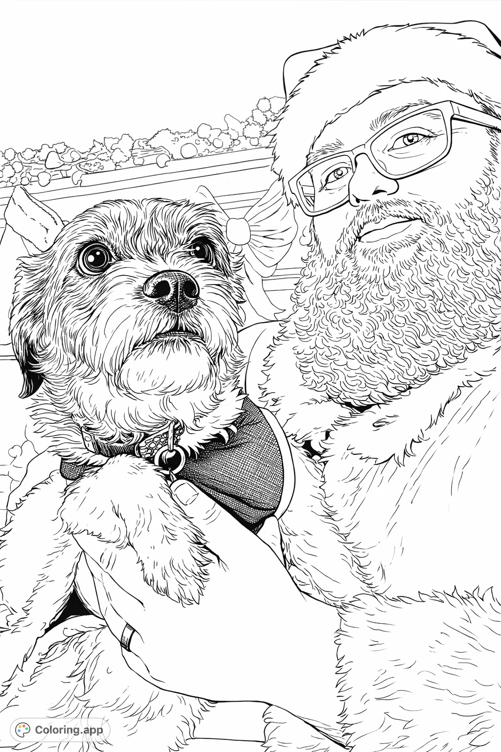 Celebrate the holidays with this charming festive canine companion coloring page! A shaggy dog is held by Santa, ready for imaginative coloring fun.